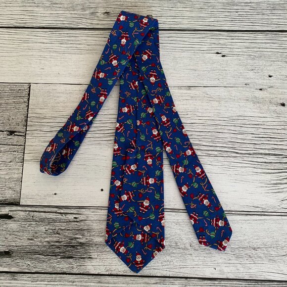 Vintage Christmas Tie Blue Red Santa Xmas Classic Necktie Handmade Vintage 80s - Picture 3 of 8